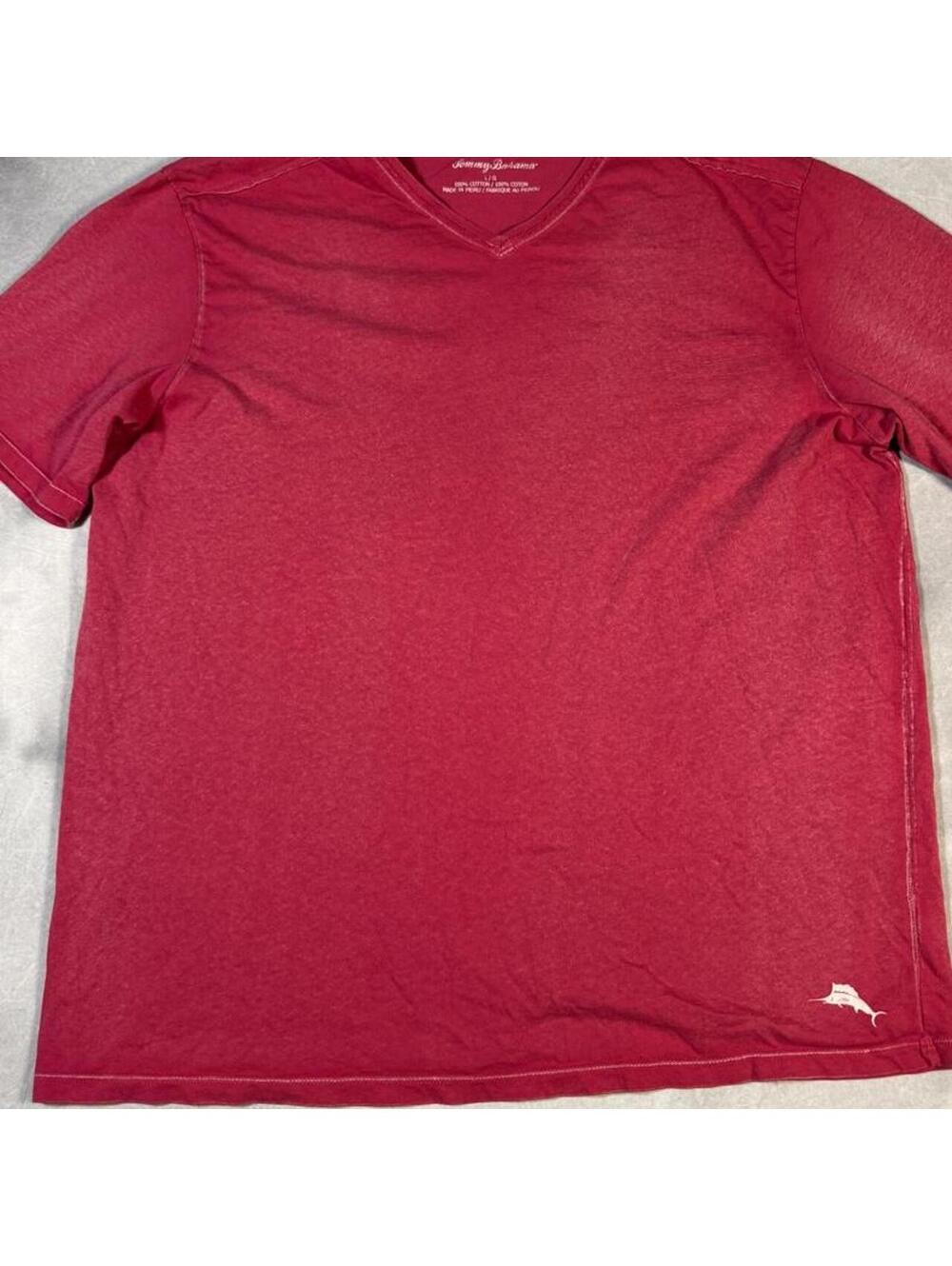 Tommy Bahama Men’s Large V Neck T Shirt Washed Red Marlin Logo 100% Cotton